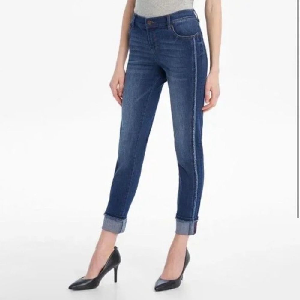 Karl Lagerfeld Dark Wash Mid Rise Raw Edge Cropped Cuffed Skinny Jeans - Picture 8 of 8